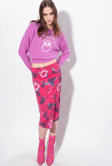 Röcke bis zur Wadenmitte | Pinko multi. Fuchsia/Rosa Wadenlanger Rock mit Hibiskus-PrintZ4ZP821