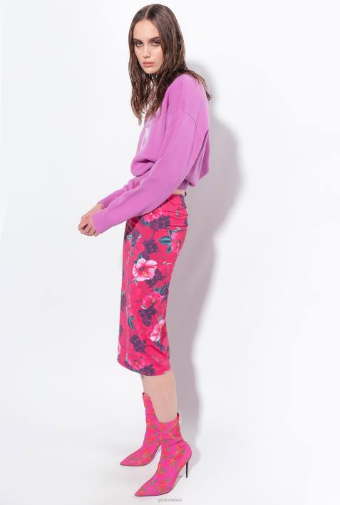 Röcke bis zur Wadenmitte | Pinko multi. Fuchsia/Rosa Wadenlanger Rock mit Hibiskus-PrintZ4ZP821