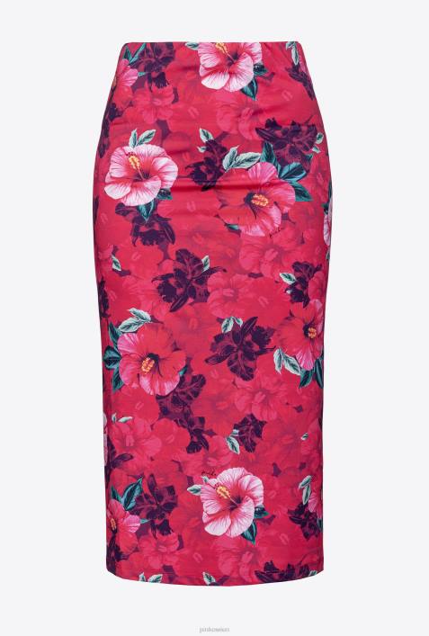 Röcke bis zur Wadenmitte | Pinko multi. Fuchsia/Rosa Wadenlanger Rock mit Hibiskus-PrintZ4ZP821