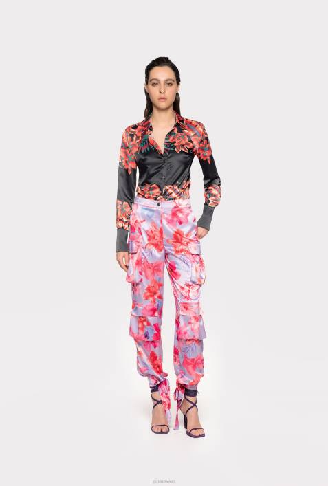 Freizeithosen | Pinko Flieder/Hellrosa/Fuchsia Cargohose aus Satin mit tropischem BlumendruckZ4ZP645