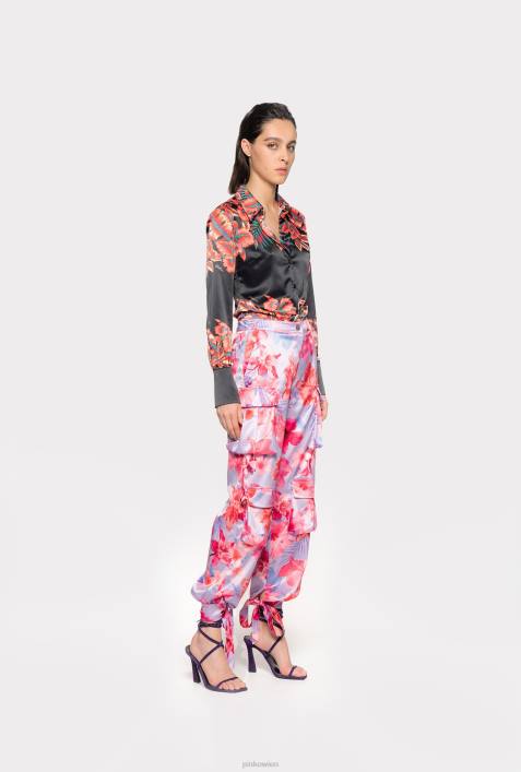 Freizeithosen | Pinko Flieder/Hellrosa/Fuchsia Cargohose aus Satin mit tropischem BlumendruckZ4ZP645