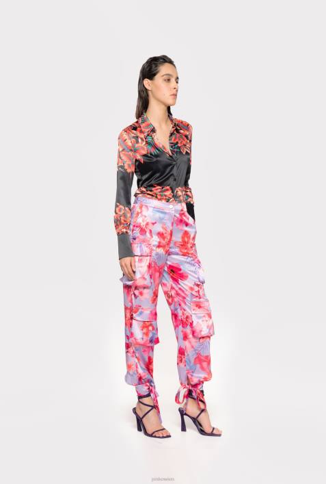 Freizeithosen | Pinko Flieder/Hellrosa/Fuchsia Cargohose aus Satin mit tropischem BlumendruckZ4ZP645