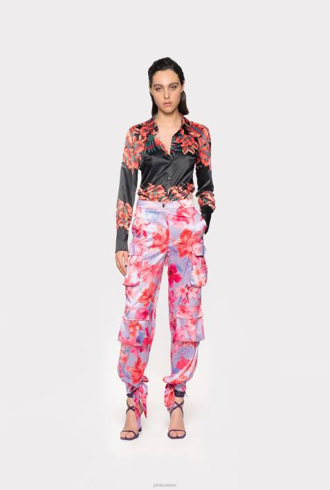 Freizeithosen | Pinko Flieder/Hellrosa/Fuchsia Cargohose aus Satin mit tropischem BlumendruckZ4ZP645