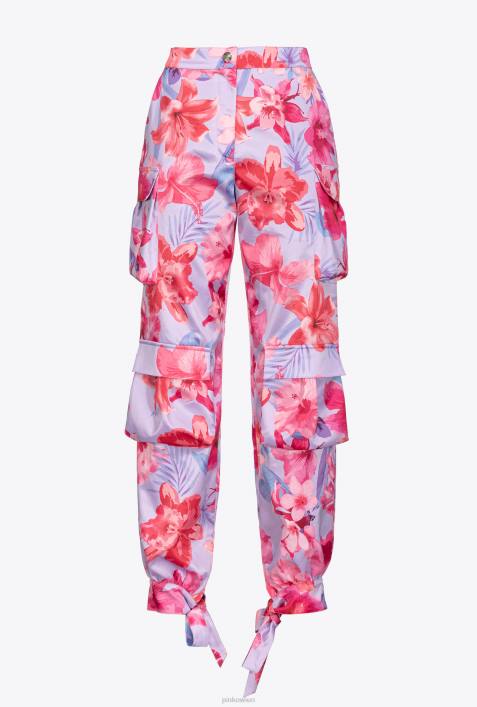 Freizeithosen | Pinko Flieder/Hellrosa/Fuchsia Cargohose aus Satin mit tropischem BlumendruckZ4ZP645