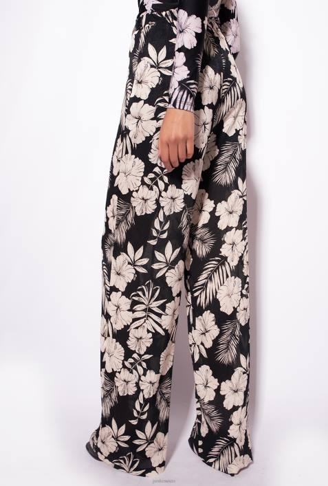 Freizeithosen | Pinko schwarz/butter Hose mit weitem Bein und grafischen BlumendetailsZ4ZP676
