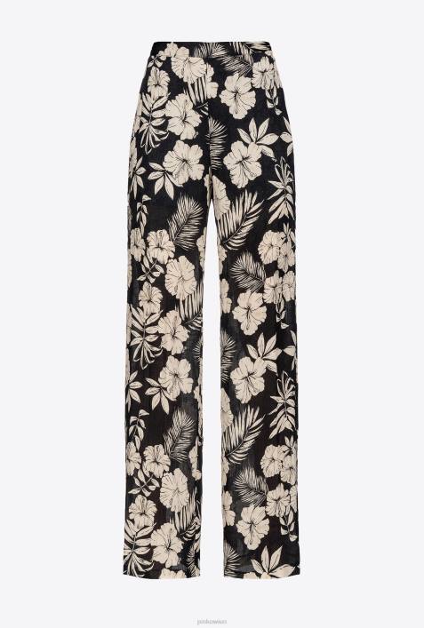 Freizeithosen | Pinko schwarz/butter Hose mit weitem Bein und grafischen BlumendetailsZ4ZP676