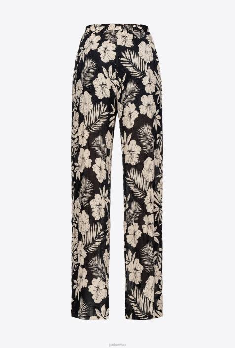 Freizeithosen | Pinko schwarz/butter Hose mit weitem Bein und grafischen BlumendetailsZ4ZP676