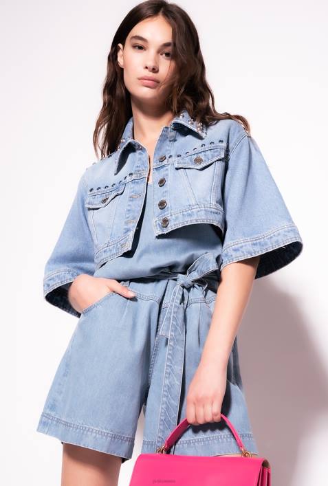 Freizeitjacken | Pinko mittelhelle Waschung Kurze Jeansjacke mit StrasssteinenZ4ZP834