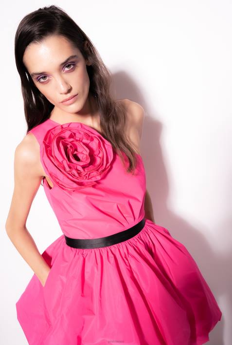 kurze Kleider | Pinko Fuchsia-Lila One-Shoulder-Minikleid mit RosendetailZ4ZP201