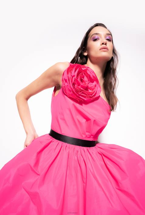 kurze Kleider | Pinko Fuchsia-Lila One-Shoulder-Minikleid mit RosendetailZ4ZP201