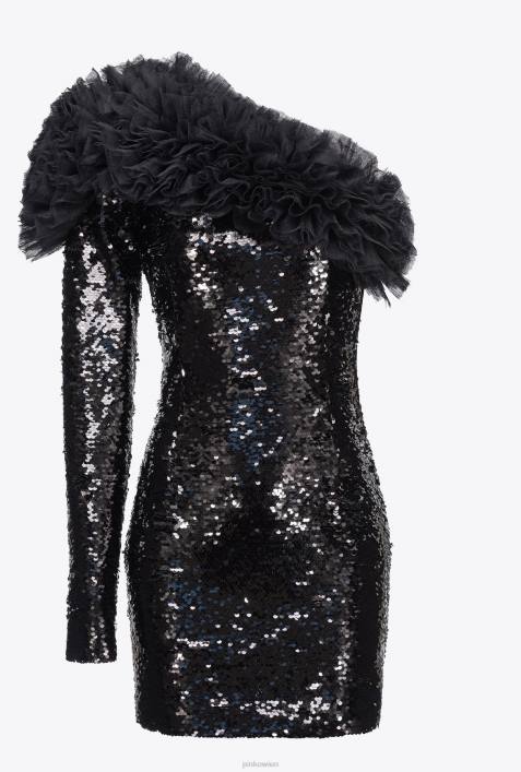 kurze Kleider | Pinko Limousine schwarz Komplett mit Pailletten besetztes One-Shoulder-MinikleidZ4ZP173
