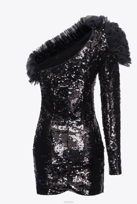 kurze Kleider | Pinko Limousine schwarz Komplett mit Pailletten besetztes One-Shoulder-MinikleidZ4ZP173