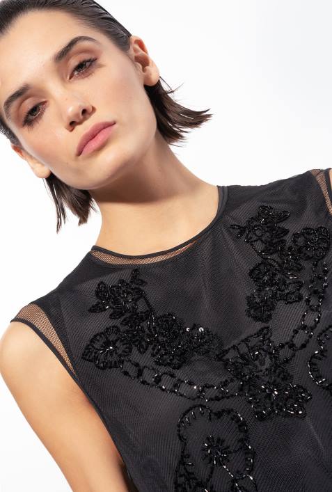 kurze Kleider | Pinko Limousine schwarz Minikleid aus Tüll mit Tattoo-StickereiZ4ZP117