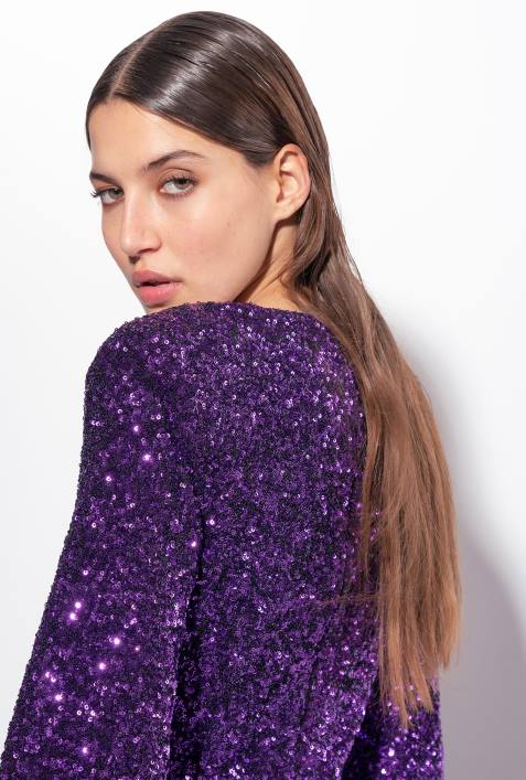 kurze Kleider | Pinko Prisma lila Vollständig paillettenbesetztes Minikleid mit ÜberkreuzungZ4ZP168