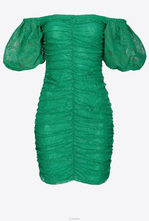 kurze Kleider | Pinko englisches Rasengrün Minikleid aus Spitze mit RaffungZ4ZP100