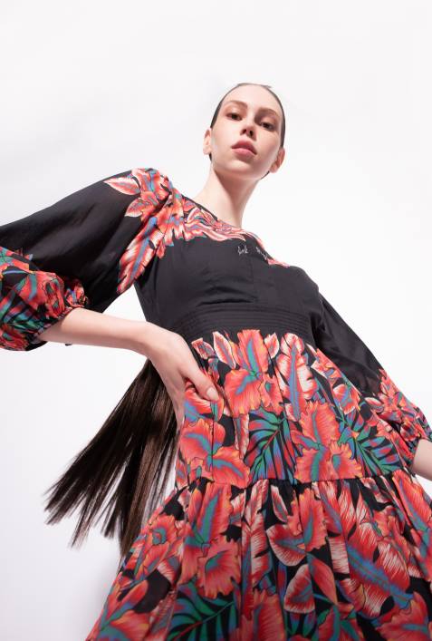 kurze Kleider | Pinko multi. Schwarz Rot Baumwollkleid mit tropischem PrintZ4ZP82