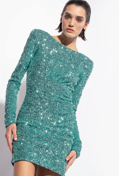 kurze Kleider | Pinko ozeangrün Vollständig paillettenbesetztes Minikleid mit ÜberkreuzungZ4ZP29