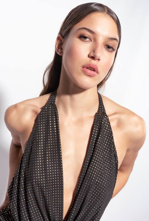 kurze Kleider | Pinko schwarzes Gold Kleid mit offenem Rücken und MikronietenZ4ZP182