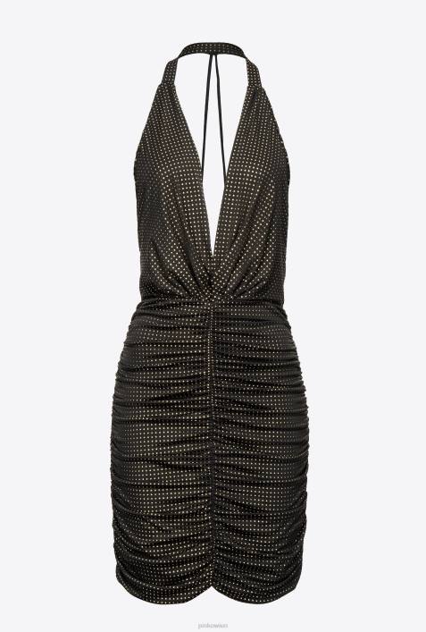 kurze Kleider | Pinko schwarzes Gold Kleid mit offenem Rücken und MikronietenZ4ZP182