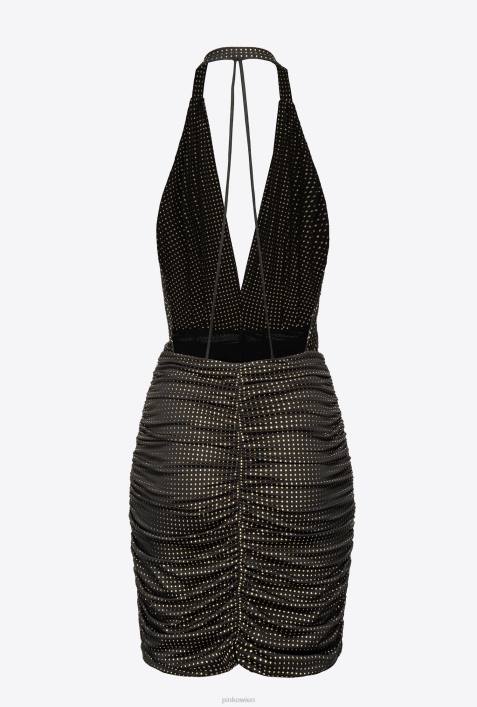 kurze Kleider | Pinko schwarzes Gold Kleid mit offenem Rücken und MikronietenZ4ZP182