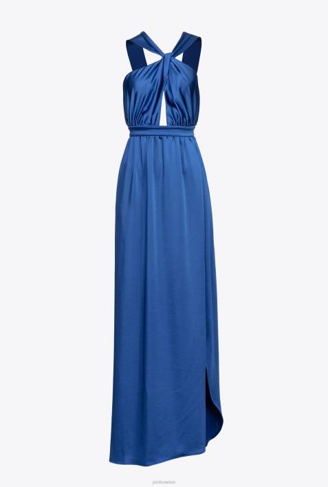 lange Kleider | Pinko Blau langes Satinkleid mit SchlitzZ4ZP49
