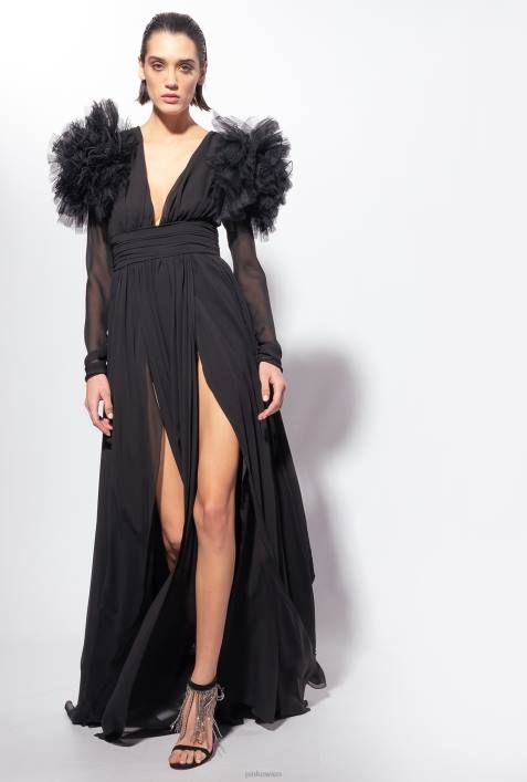 lange Kleider | Pinko Limousine schwarz Langes Kleid aus Chiffon und TüllZ4ZP187