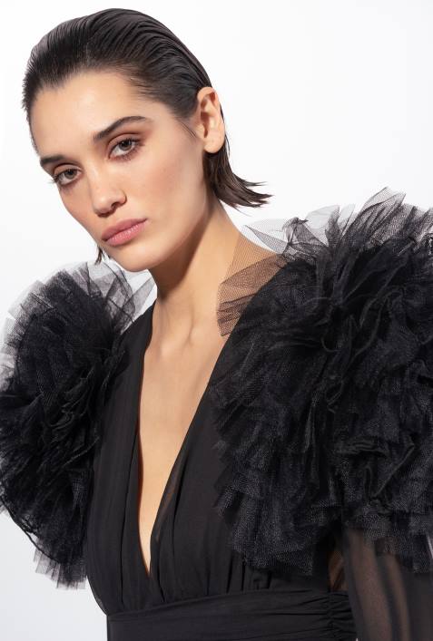 lange Kleider | Pinko Limousine schwarz Langes Kleid aus Chiffon und TüllZ4ZP187