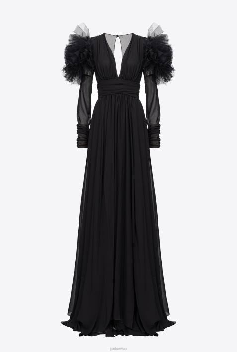 lange Kleider | Pinko Limousine schwarz Langes Kleid aus Chiffon und TüllZ4ZP187