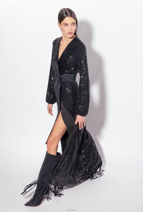 lange Kleider | Pinko Limousine schwarz Wickelkleid mit PaillettenZ4ZP197