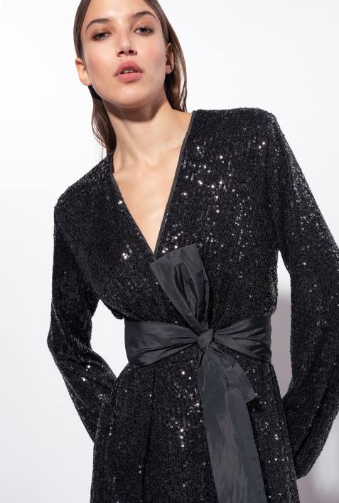 lange Kleider | Pinko Limousine schwarz Wickelkleid mit PaillettenZ4ZP197