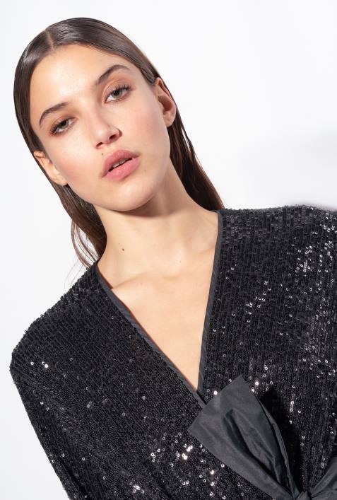 lange Kleider | Pinko Limousine schwarz Wickelkleid mit PaillettenZ4ZP197