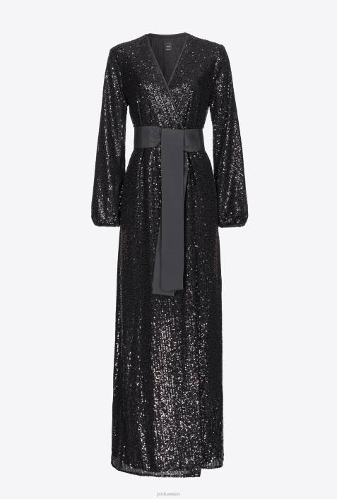 lange Kleider | Pinko Limousine schwarz Wickelkleid mit PaillettenZ4ZP197
