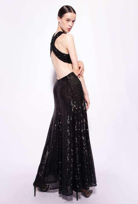 lange Kleider | Pinko Limousine schwarz langes gestreiftes Kleid mit Pailletten überallZ4ZP155