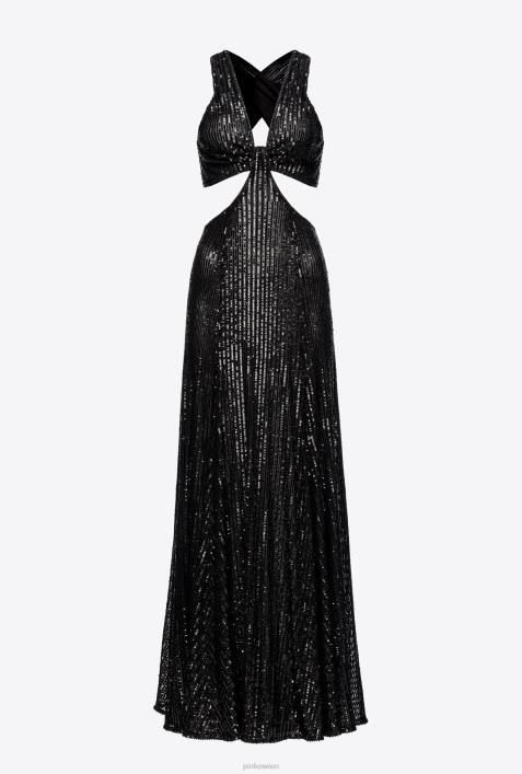 lange Kleider | Pinko Limousine schwarz langes gestreiftes Kleid mit Pailletten überallZ4ZP155