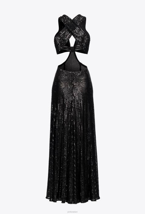 lange Kleider | Pinko Limousine schwarz langes gestreiftes Kleid mit Pailletten überallZ4ZP155