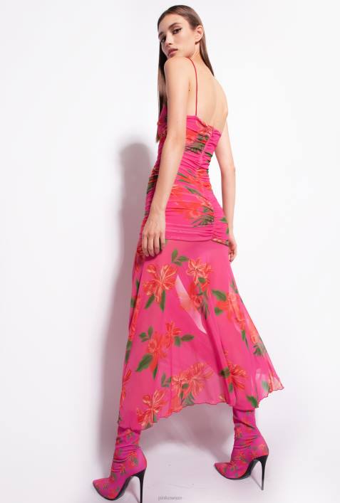 lange Kleider | Pinko Multi-Fuchsia/Rot Schmal geschnittenes Kleid mit BlumendruckZ4ZP142