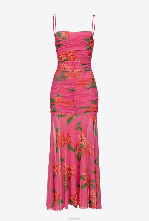lange Kleider | Pinko Multi-Fuchsia/Rot Schmal geschnittenes Kleid mit BlumendruckZ4ZP142