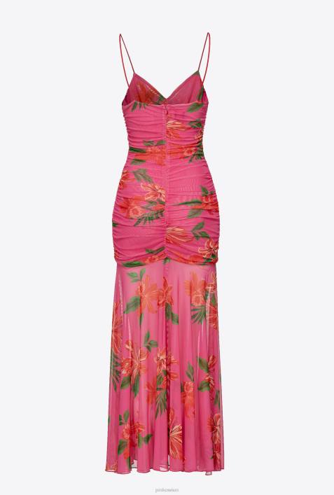 lange Kleider | Pinko Multi-Fuchsia/Rot Schmal geschnittenes Kleid mit BlumendruckZ4ZP142