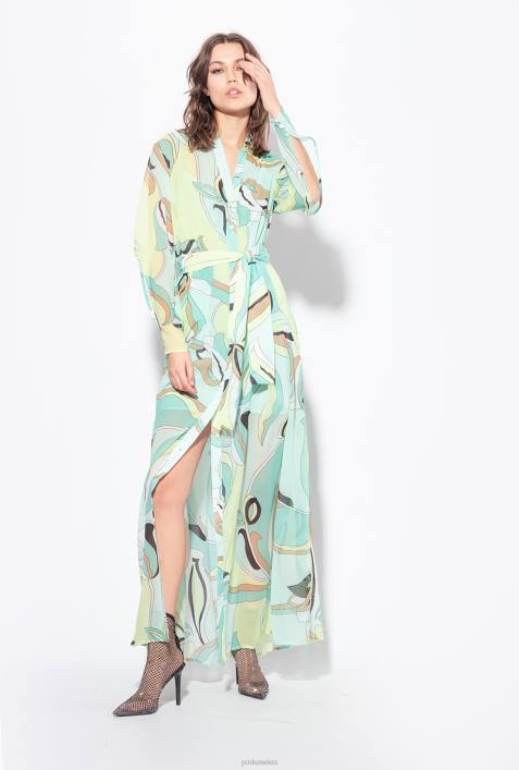 lange Kleider | Pinko mehrfarbig – Aquagrün/Beige Hemdblusenkleid aus Voile mit Blütenknospen-PrintZ4ZP37