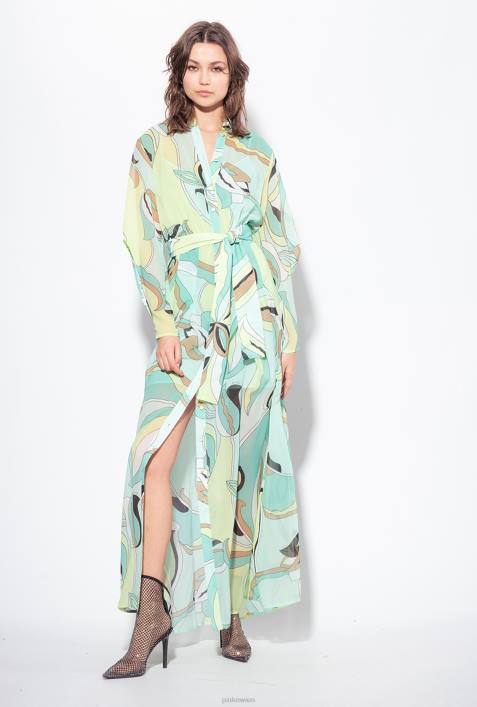 lange Kleider | Pinko mehrfarbig – Aquagrün/Beige Hemdblusenkleid aus Voile mit Blütenknospen-PrintZ4ZP37