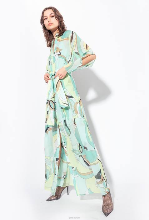 lange Kleider | Pinko mehrfarbig – Aquagrün/Beige Hemdblusenkleid aus Voile mit Blütenknospen-PrintZ4ZP37
