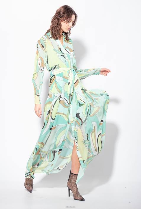 lange Kleider | Pinko mehrfarbig – Aquagrün/Beige Hemdblusenkleid aus Voile mit Blütenknospen-PrintZ4ZP37