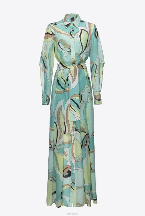 lange Kleider | Pinko mehrfarbig – Aquagrün/Beige Hemdblusenkleid aus Voile mit Blütenknospen-PrintZ4ZP37