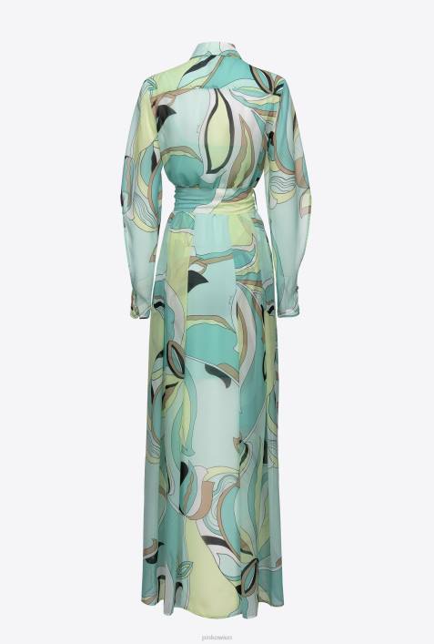 lange Kleider | Pinko mehrfarbig – Aquagrün/Beige Hemdblusenkleid aus Voile mit Blütenknospen-PrintZ4ZP37