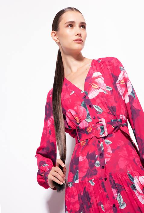 lange Kleider | Pinko multi. Fuchsia/Rosa Langes Hemdkleid mit Hibiskus-PrintZ4ZP141