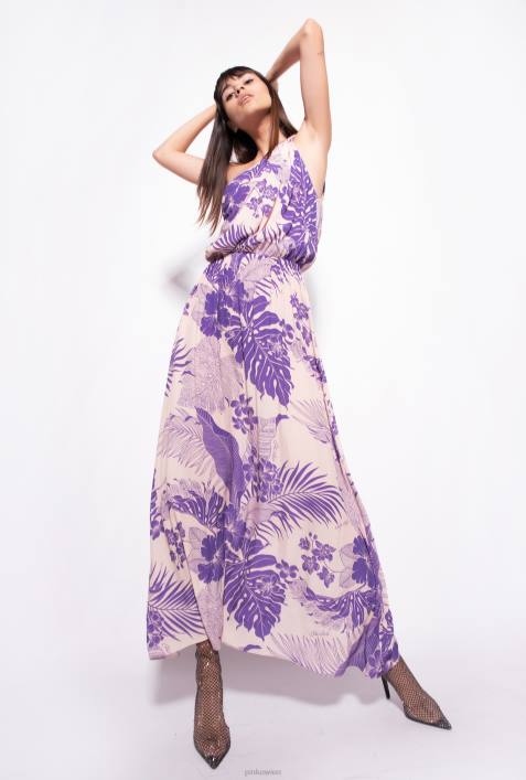 lange Kleider | Pinko nackt/lila One-Shoulder-Kleid mit tropischem PrintZ4ZP131