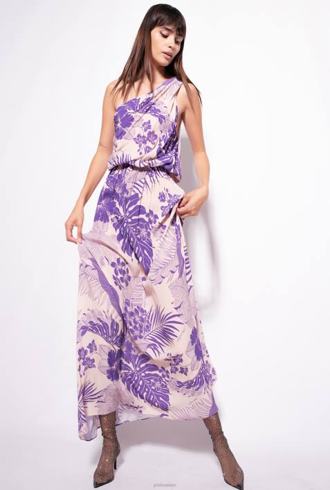 lange Kleider | Pinko nackt/lila One-Shoulder-Kleid mit tropischem PrintZ4ZP131