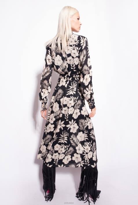 lange Kleider | Pinko schwarz/butter Hemdblusenkleid mit grafischem BlumenmusterZ4ZP53