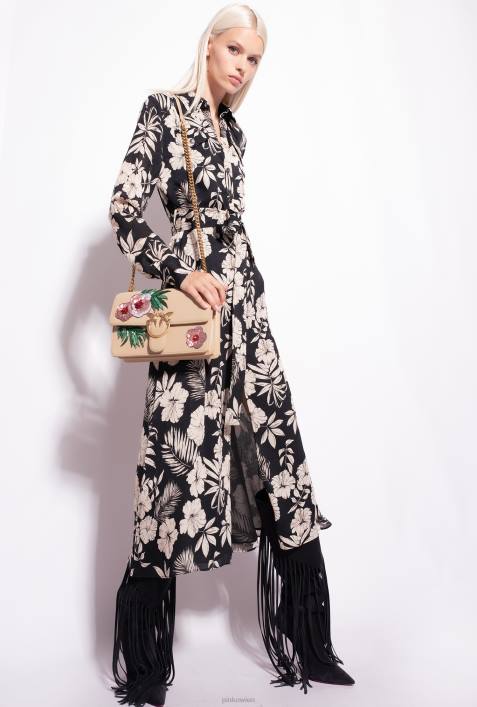 lange Kleider | Pinko schwarz/butter Hemdblusenkleid mit grafischem BlumenmusterZ4ZP53