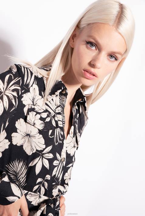 lange Kleider | Pinko schwarz/butter Hemdblusenkleid mit grafischem BlumenmusterZ4ZP53